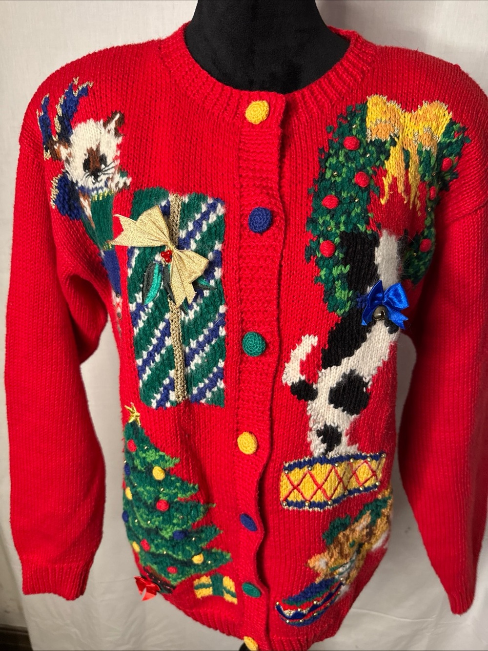 Vintage Marisa Christina 1994 Christmas Hand Knit Cardigan Sweater Medium CATS